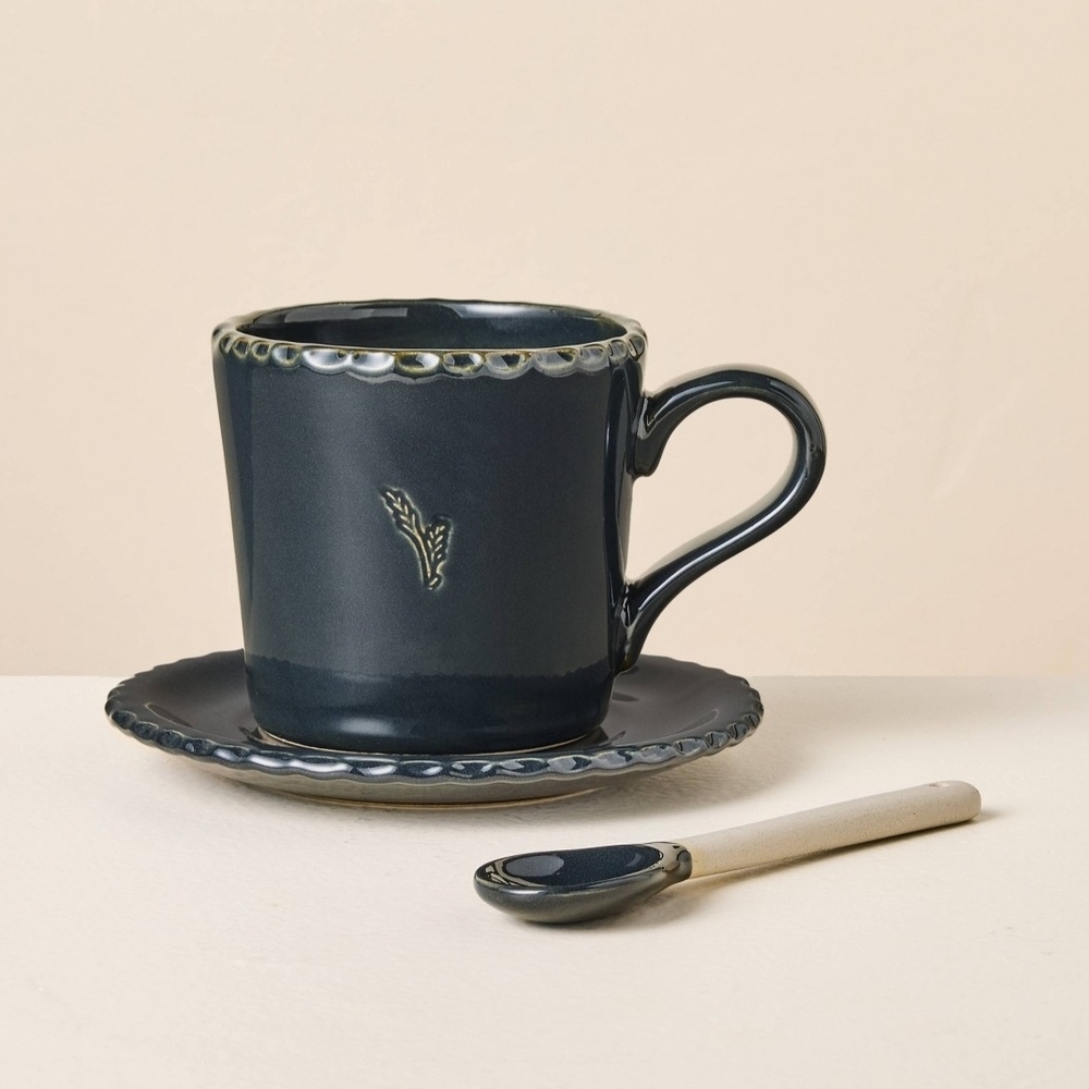 Hearth & Hand With Magnolia 6 fl oz Pinched Edge Teacup with Saucer & Spoon Indi